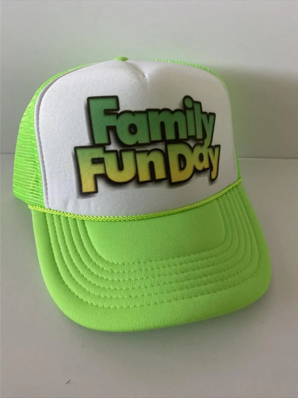 Retro Family Fun Day Foam Trucker Hat Neon Green White Rope Snapback Cap New 80s